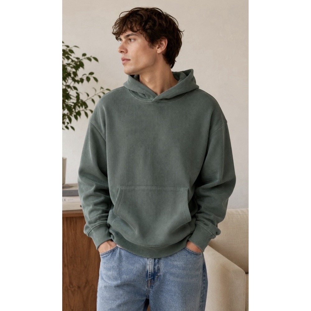Negative Space Ribbed Corduroy Hoodie M Sage Green Relaxed Pullover Comfortable